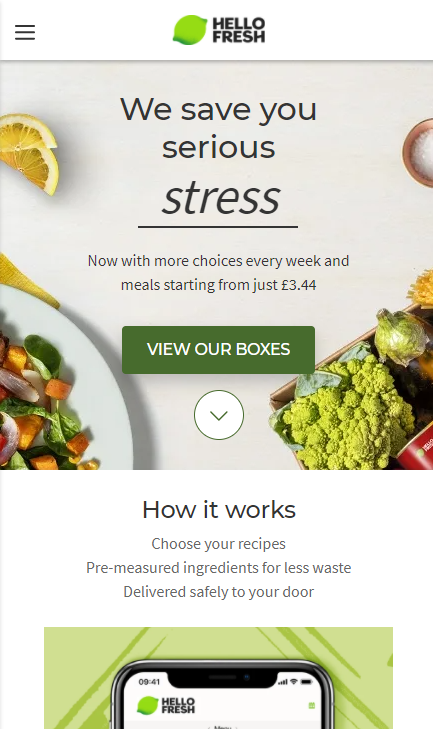 Great mobile landing pages - HelloFresh, top screen